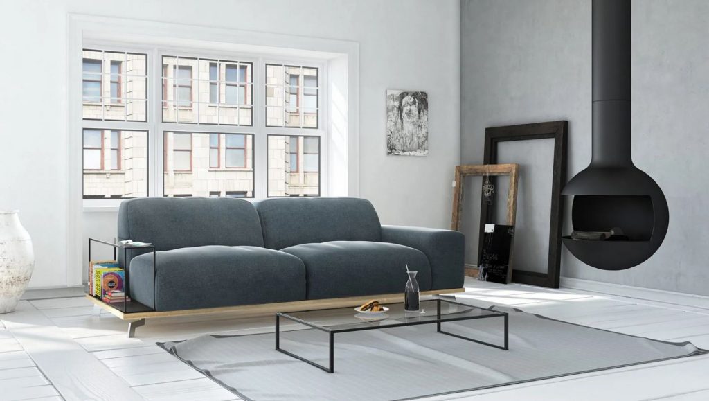 Sofa Manta firmy Alwes z jednym szklanym podłokietnikiem 