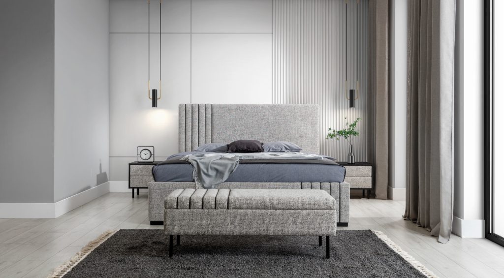 Łóżko tapicerowane Vertigo to połączenie nowoczesnego designu z wygodą a czarne lamele, dodają szyku i elegancji.