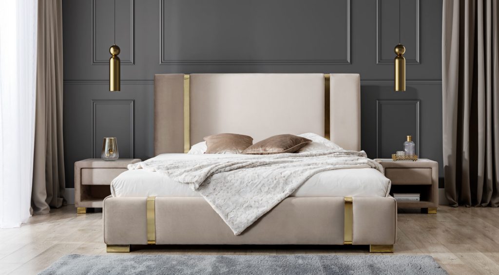 Łóżko tapicerowane Oro ze złotymi wstawkami. Producent New Elegance 